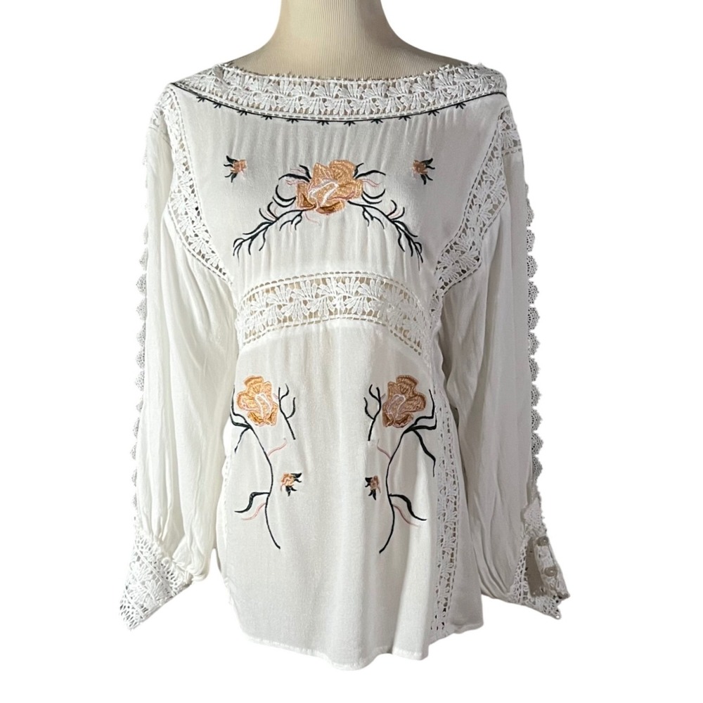 POL Embroidered Floral Lace Blouse Women S White WFT45 Boho Crochet Pintuck Top